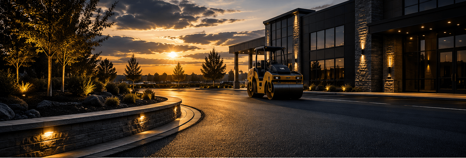 Professional paving contractor working on a commercial parking lot